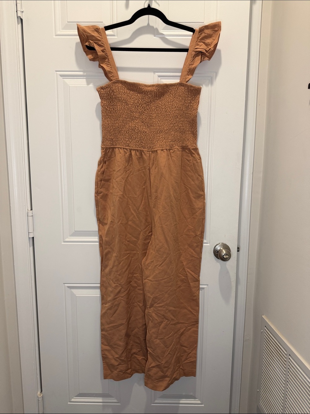 Pink Lily Smocked Wide-Leg Jumpsuit in Camel Brown
